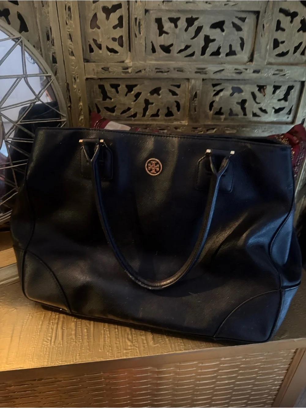 Tory Burch Black Leather Tote with Gold Logo